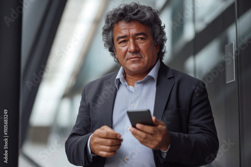 A professional man with curly gray hair holds a smartphone inside a sleek glass-walled building, representing business communication in a high-tech environment.