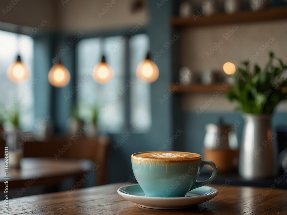 Blue Ceramic Cup of Steaming Coffee with Latte Art in Cozy Kitchen Interior Blue Ceramic Cup of Steaming Coffee with Latte Art in Cozy Kitchen Interior
