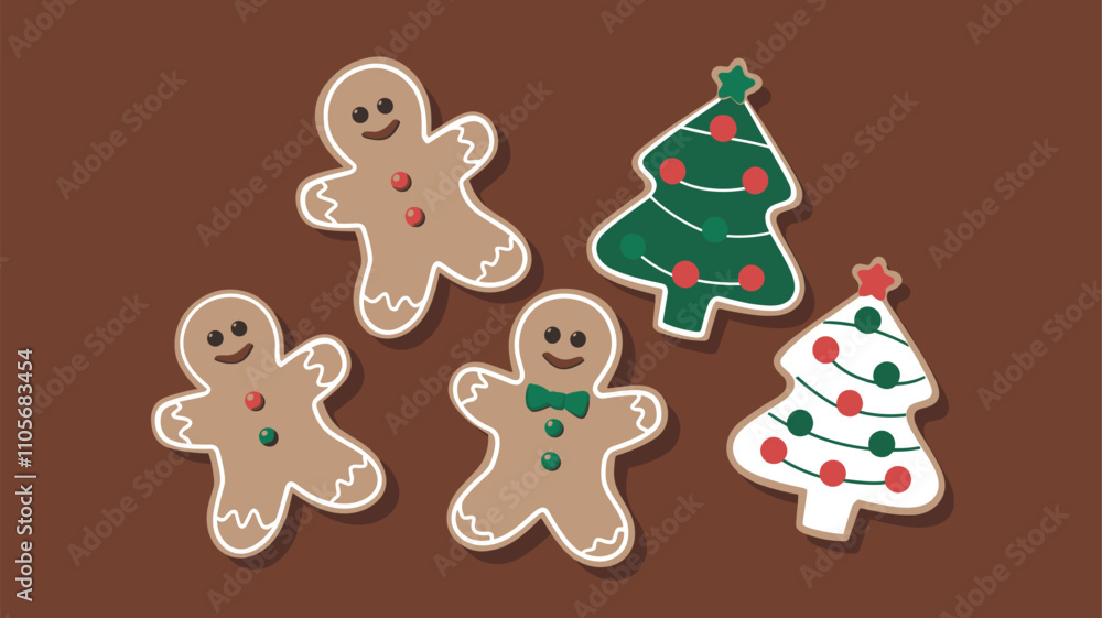 Gingerbread cookies shaped like men and Christmas trees, decorated with icing and candy, festive holiday treat on a brown background
Gingerbread cookies shaped like men and Christmas trees, decorated with icing and candy, festive holiday treat on a brown background