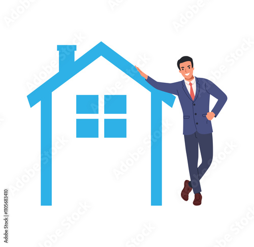 A man stands leaning his hand on a stylized image of a house. Concept illustration of buying or insuring real estate. Vector illustration.