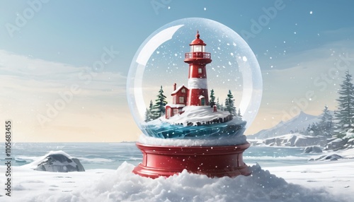 Christmas tree in the snow, Winter Lighthouse Snow Globe