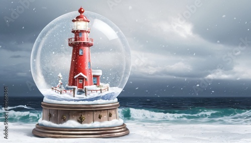 Snowy Lighthouse Snow Globe, Christmas lantern on the beach