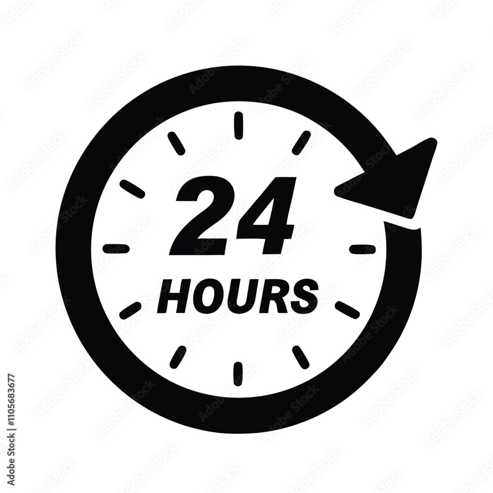 A clock with the number 24 on it. The clock is black and white. The arrow is pointing to the right A clock with the number 24 on it. The clock is black and white. The arrow is pointing to the right