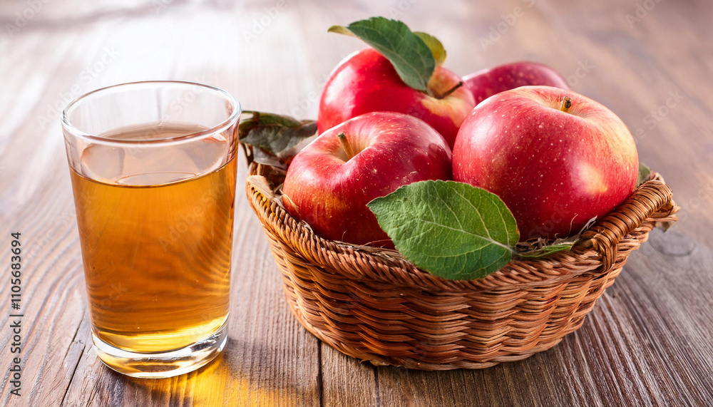 Apples juice in glass with red apple in the baske Apples juice in glass with red apple in the baske