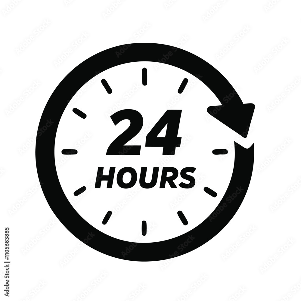 A clock with the number 24 on it. The clock is black and white. The arrow is pointing to the right A clock with the number 24 on it. The clock is black and white. The arrow is pointing to the right