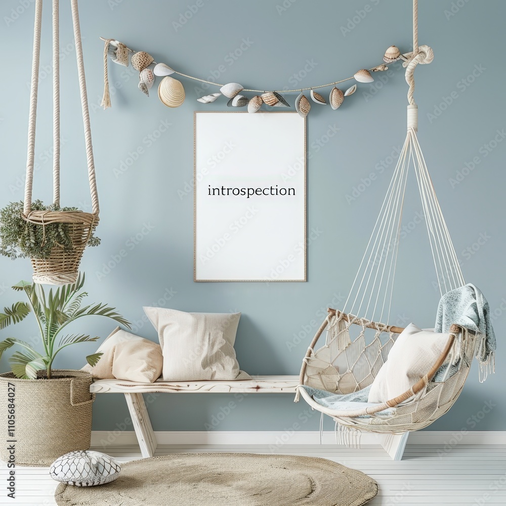 A cozy living room with a hanging chair. a bench. and a framed print with the word introspection A cozy living room with a hanging chair. a bench. and a framed print with the word introspection