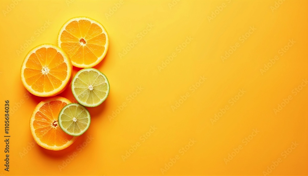 Fresh Citrus Slices on Vibrant Yellow Background, copy space. Fresh Citrus Slices on Vibrant Yellow Background, copy space.