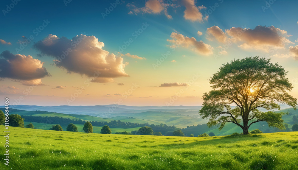 Fototapeta premium Sunset Over Verdant Summer Meadows