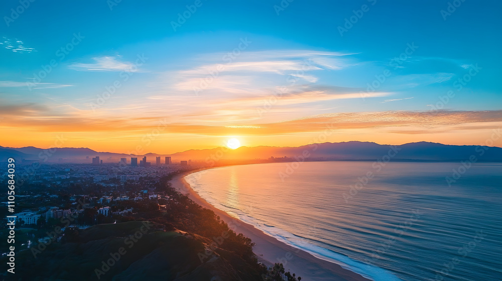 Obraz premium Aerial view of dramatic sunset or sunrise and blue sky