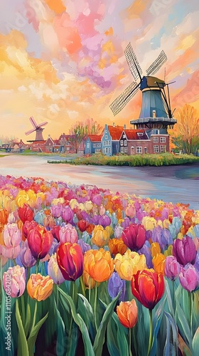 A colorful tulip field with windmills in the background, showcasing the Dutch landscape and traditional architecture.