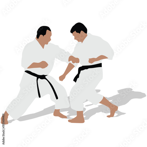 Battle duel karate man fighters vector silhouette illustration isolated. Japan martial art sport discipline. Boy self defense skills. In healthy body healthy mind.
