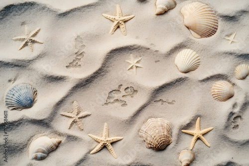 Top view of a sandy beach texture with imprints of exotic seashells and starfish as natural textured background photo