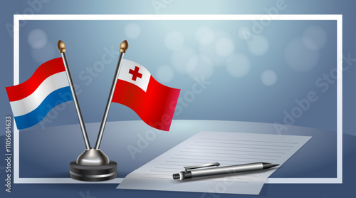 Netherlands and Tonga Small national flag on bokeh background, cooperative relationship