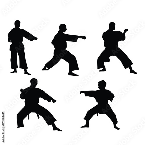 Karate fighters in kimonos, vector silhouette illustration. Karate brand logo design element.