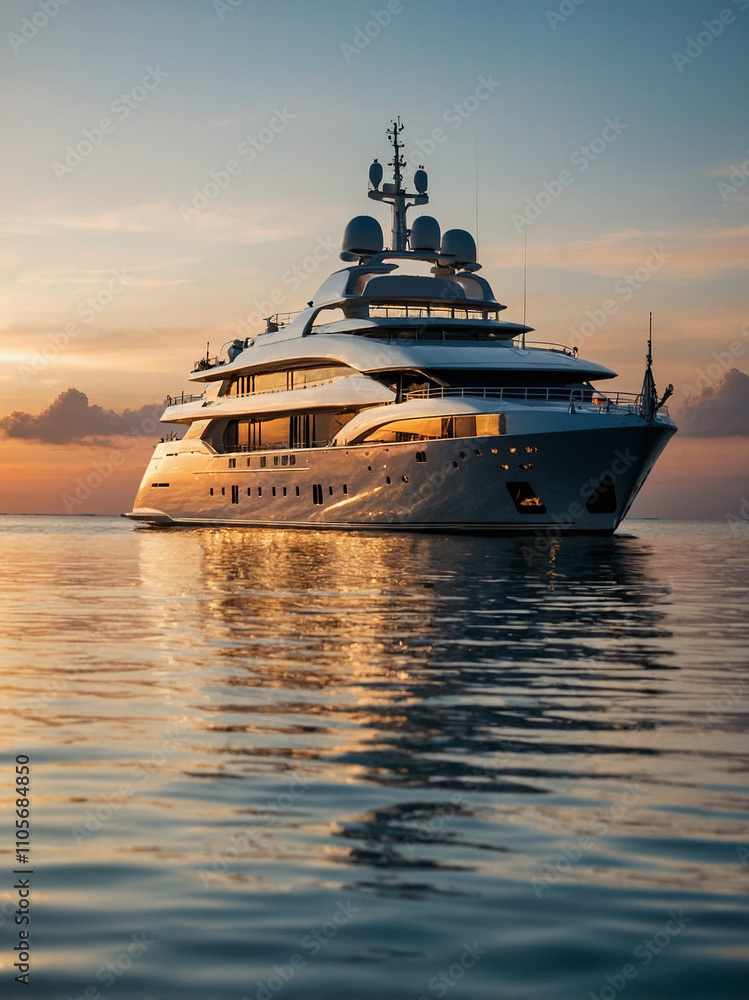 A luxurious yacht cruising on calm ocean waters during sunset A luxurious yacht cruising on calm ocean waters during sunset