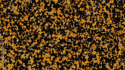 Abstract pattern of vibrant orange, gray, and black textures fills the screen with dynamic energy and movement
