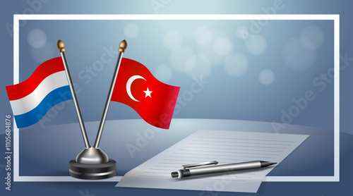 Netherlands and Turkey Small national flag on bokeh background, cooperative relationship
