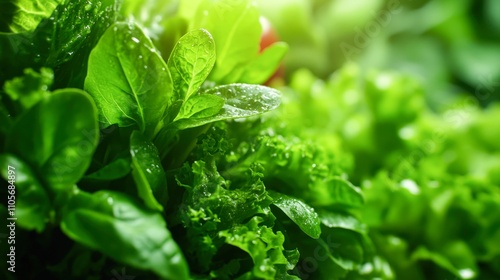 Close-up of fresh, vibrant green lettuce and leafy greens with water droplets, perfect for culinary, health, or organic gardening themes in promotional materials or recipe books, photo