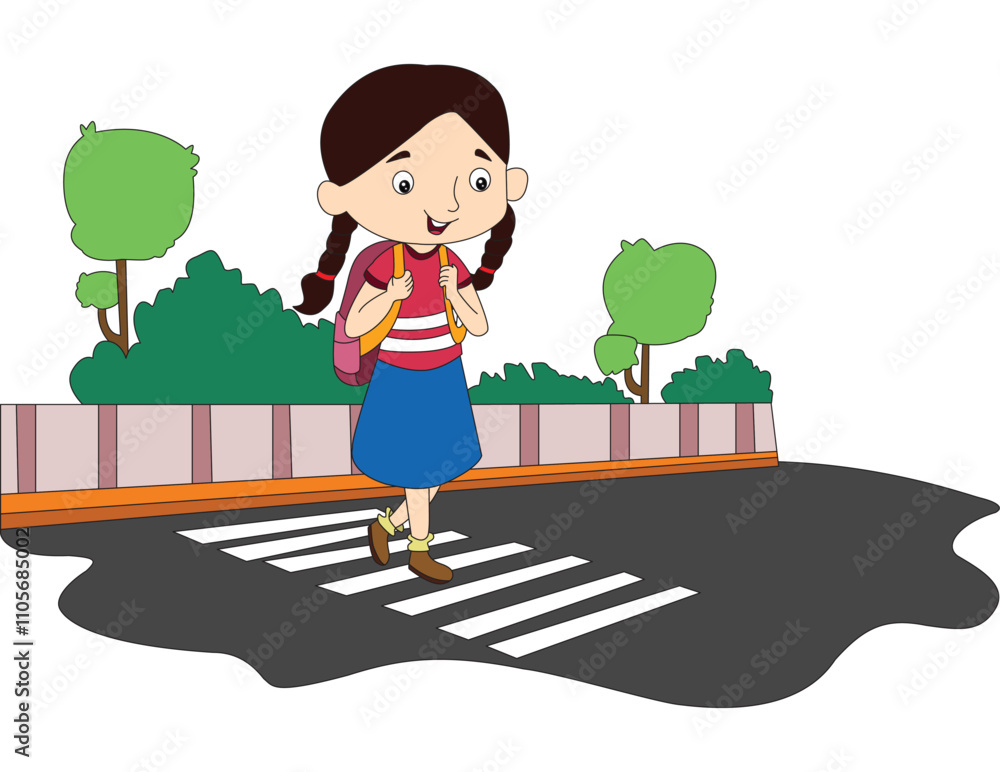 Cute girl walking on the footpath vector illustration Cute girl walking on the footpath vector illustration
