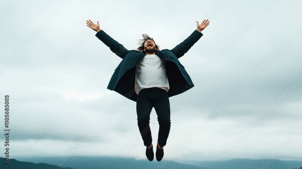 Person with long hair in a coat jumping joyfully against a cloudy sky background outdoors Person with long hair in a coat jumping joyfully against a cloudy sky background outdoors