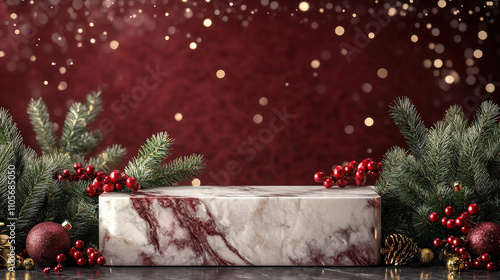 A festive scene featuring a marble block surrounded by Christmas decorations, with a rich red background and sparkling bokeh lights, creating a holiday ambiance.
