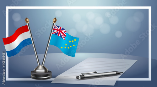 Netherlands and Tuvalu Small national flag on bokeh background, cooperative relationship