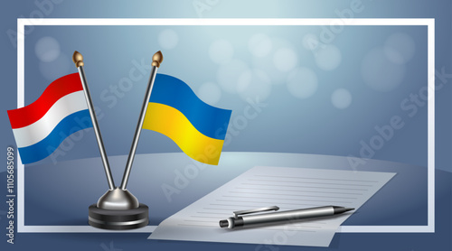 Netherlands and Ukraine Small national flag on bokeh background, cooperative relationship