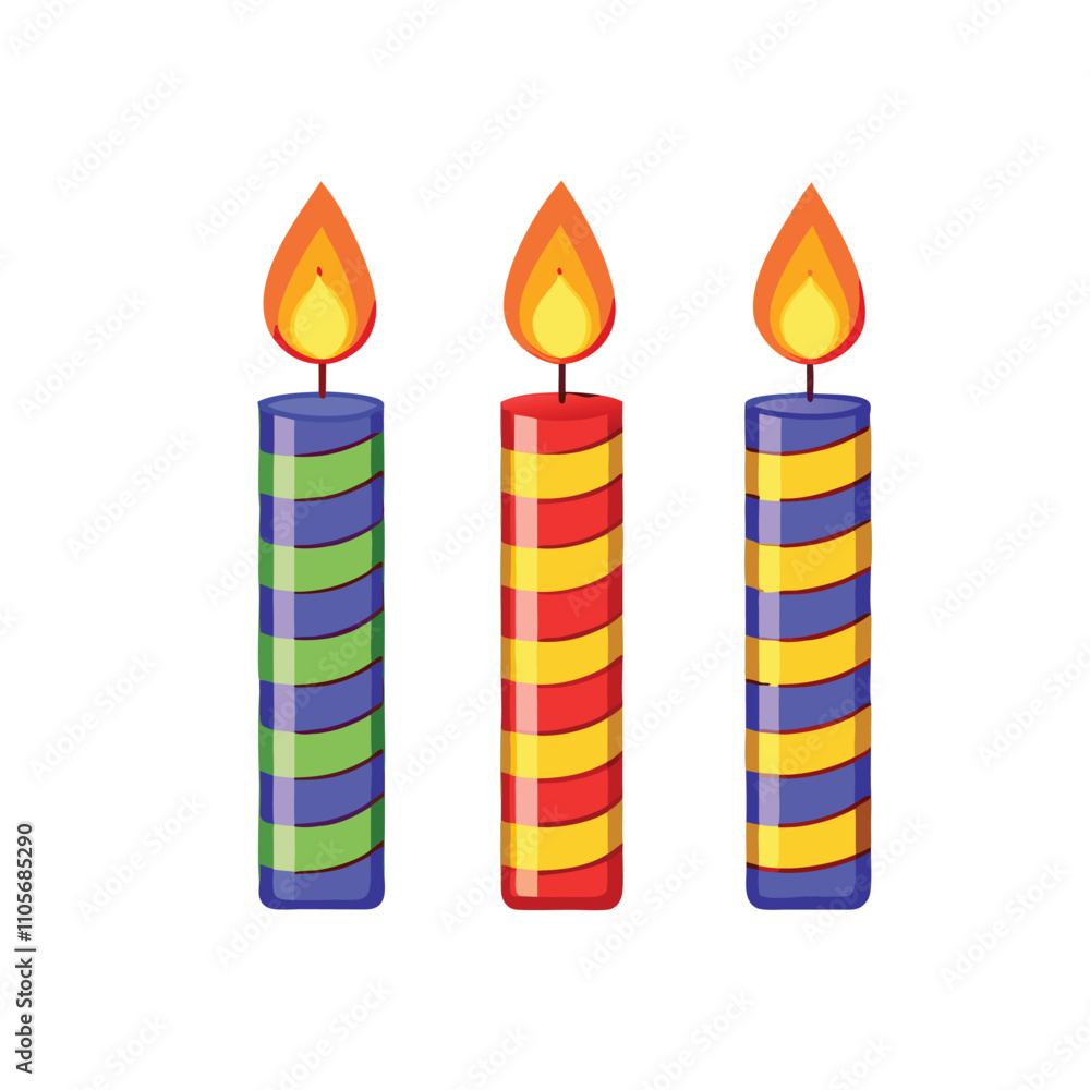 Three candles with different colors and stripes. One is blue, one is red, and one is green Three candles with different colors and stripes. One is blue, one is red, and one is green