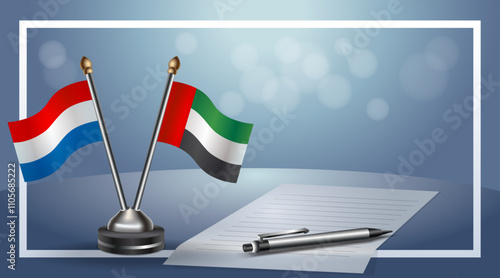 Netherlands and United Arab Emirates Small national flag on bokeh background, cooperative relationship