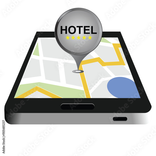 A smartphone with a map navigation app that leads to Hotel pin. Map GPS navigation. Vector illustration.