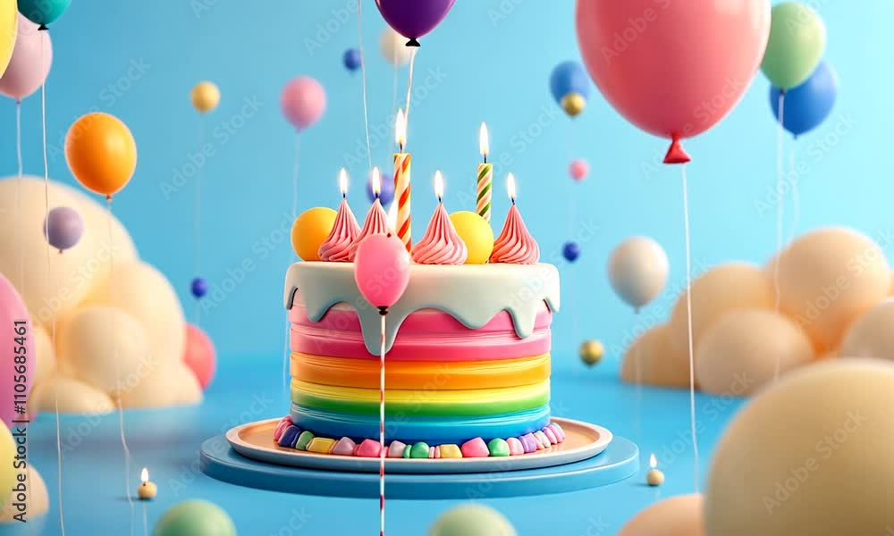 Rainbow layered cake with two candles, pastel balloons, and clouds. Rainbow layered cake with two candles, pastel balloons, and clouds.