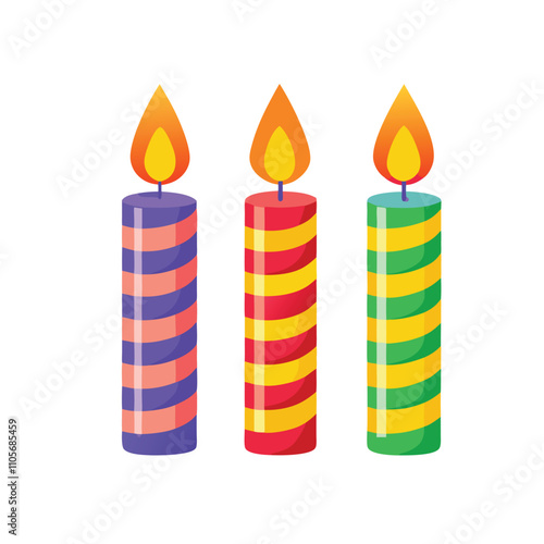 Three candles with different colors and stripes. One is blue, one is red, and one is green
