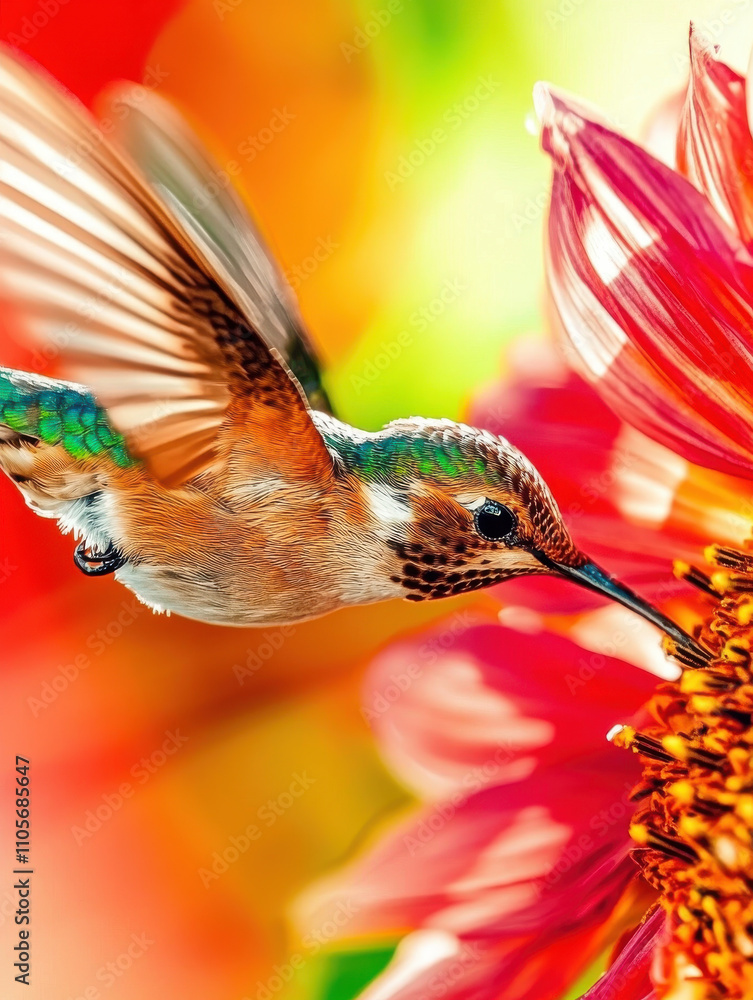 Obraz premium vibrant hummingbird drinking nectar from large sunflower, surrounded by colorful petals, captures beauty of nature. scene evokes sense of joy and tranquility