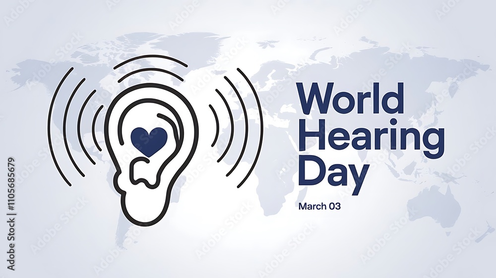 Abstract Ear with Heart and Sound Waves Design for World Hearing Day on March 03, Featuring a Soft Blue World Map Background Abstract Ear with Heart and Sound Waves Design for World Hearing Day on March 03, Featuring a Soft Blue World Map Background