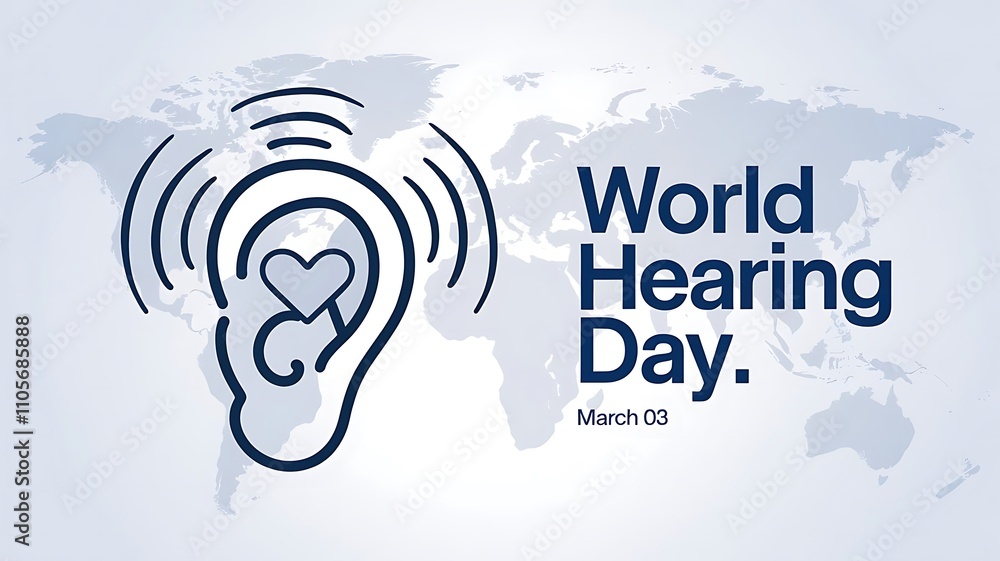 Abstract Ear with Heart and Sound Waves Design for World Hearing Day on March 03, Featuring a Soft Blue World Map Background Abstract Ear with Heart and Sound Waves Design for World Hearing Day on March 03, Featuring a Soft Blue World Map Background