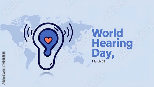 Abstract Ear with Heart and Sound Waves Design for World Hearing Day on March 03, Featuring a Soft Blue World Map Background photo