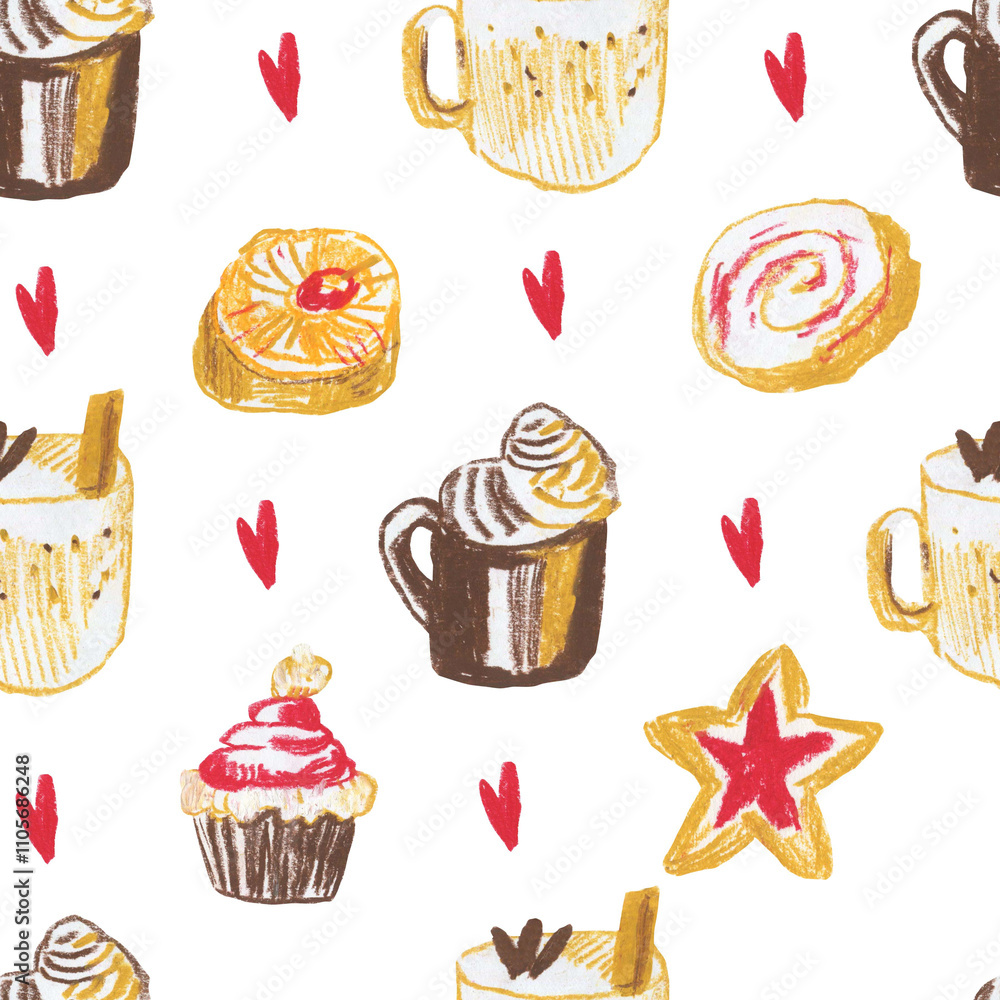 Seamless pattern with Christmas food on white isolated background hand drawn with wax crayons. New Year elements with oil pastels. Seamless pattern with Christmas food on white isolated background hand drawn with wax crayons. New Year elements with oil pastels.
