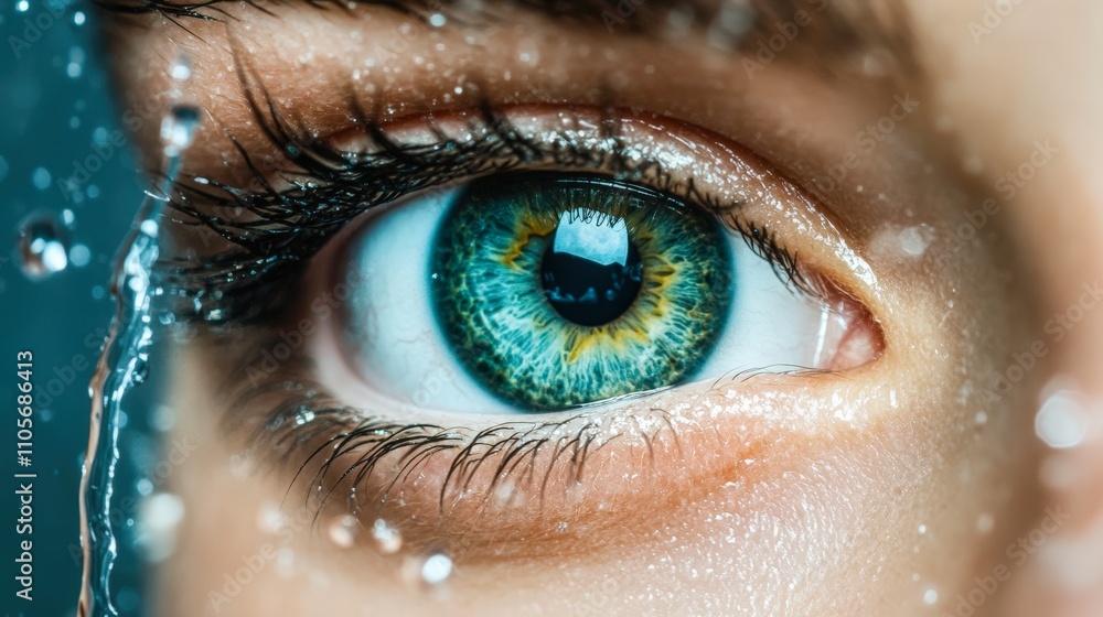 A close-up of a vibrant blue-green eye with droplets of water, illustrating clarity and emotional depth, Ideal for beauty, wellness, or artistic projects focused on vision and perception, A close-up of a vibrant blue-green eye with droplets of water, illustrating clarity and emotional depth, Ideal for beauty, wellness, or artistic projects focused on vision and perception,