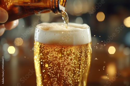 Wallpaper Mural Golden beer is pouring from bottle into glass with foam in bar with warm bokeh lights in background Torontodigital.ca