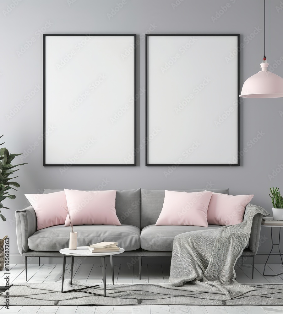 Two blank framed posters mockup above grey sofa with pink pillows in living room interior Two blank framed posters mockup above grey sofa with pink pillows in living room interior