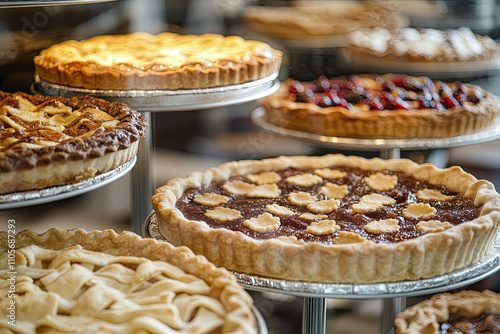 Close-up of a spinning pie display case with assorted pies