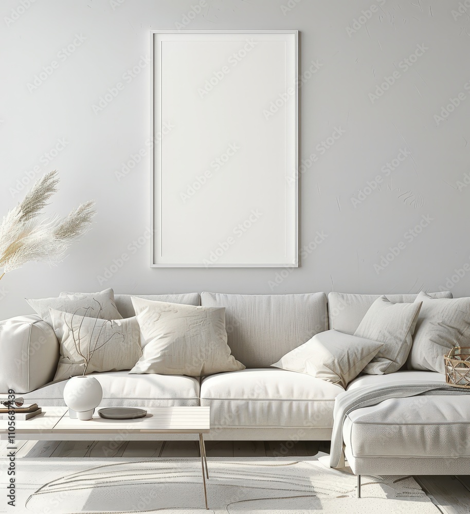 Minimalist living room with white sofa. a large blank frame above it. and a wooden coffee table Minimalist living room with white sofa. a large blank frame above it. and a wooden coffee table