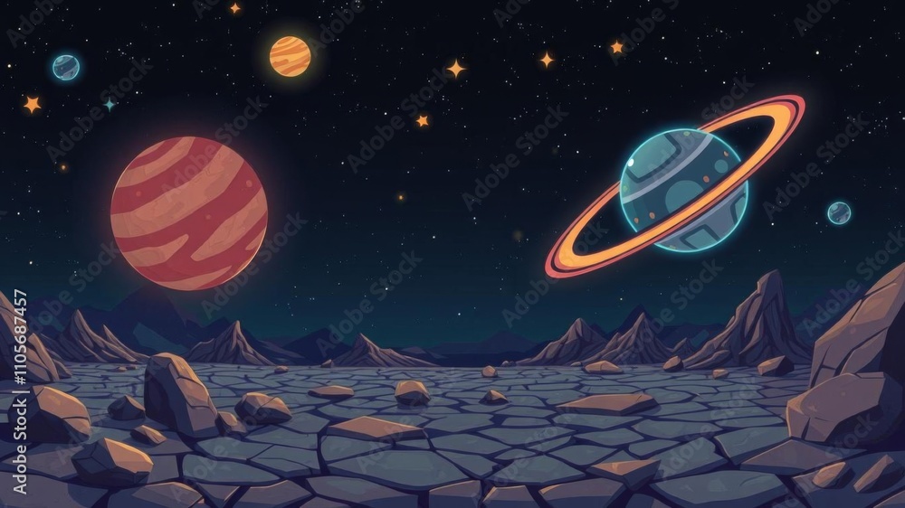 Naklejka premium Alien night planet landscape with flying rocks and glowing liquid plasma spots, cartoon vector illustration, stars, landscape, rocks