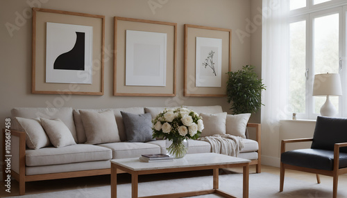 Fototapeta Naklejka Na Ścianę i Meble -  A modern living room with a sofa against a soft colour wall featuring vertical poster frames in wooden frame borders 3d illustration template.