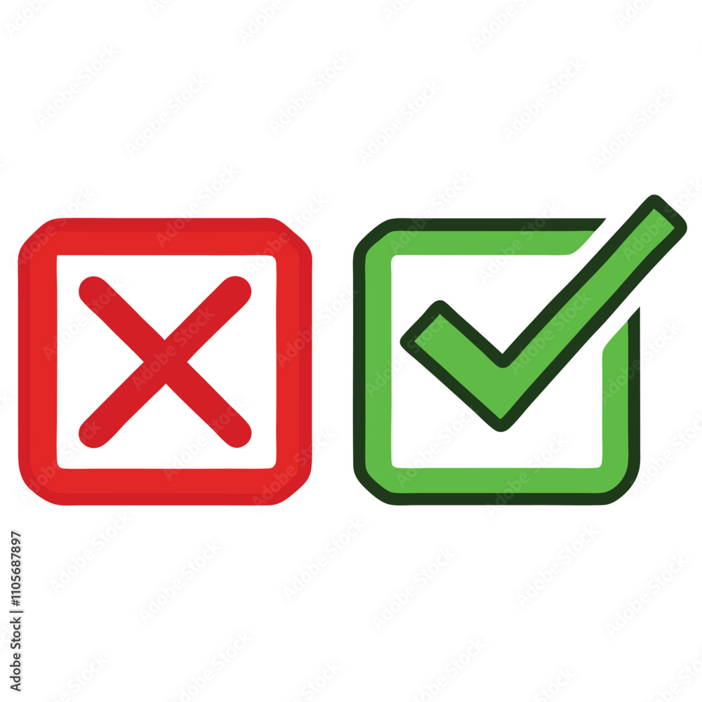 A red X and a green check mark. The X is on the left and the check mark is on the right A red X and a green check mark. The X is on the left and the check mark is on the right