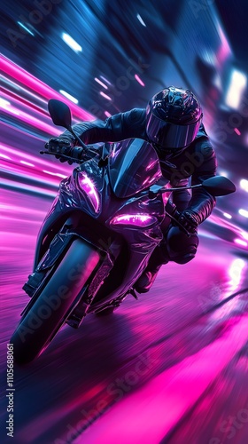 Night Rider Speeds Through Vibrant City Lights photo