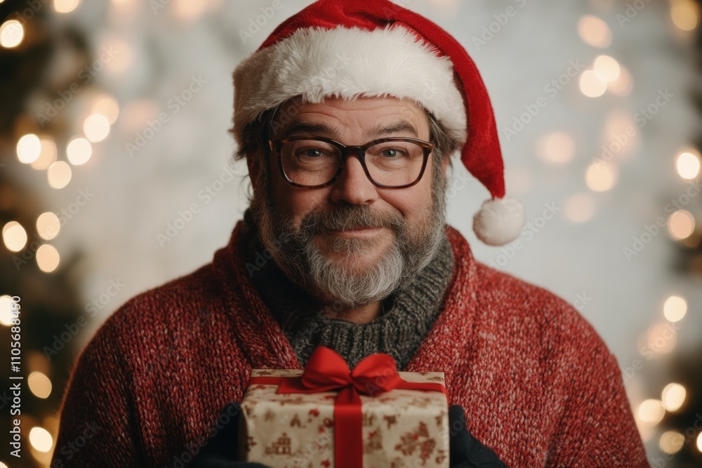 A middle-aged man dressed as Santa Claus smiles warmly while holding a beautifully wrapped gift. Colorful festive lights create a cheerful atmosphere, perfect for holiday celebrations A middle-aged man dressed as Santa Claus smiles warmly while holding a beautifully wrapped gift. Colorful festive lights create a cheerful atmosphere, perfect for holiday celebrations