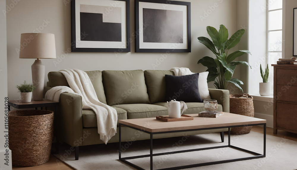 Fototapeta premium A modern living room with a sofa against a soft colour wall featuring vertical poster frames in wooden frame borders 3d illustration template.