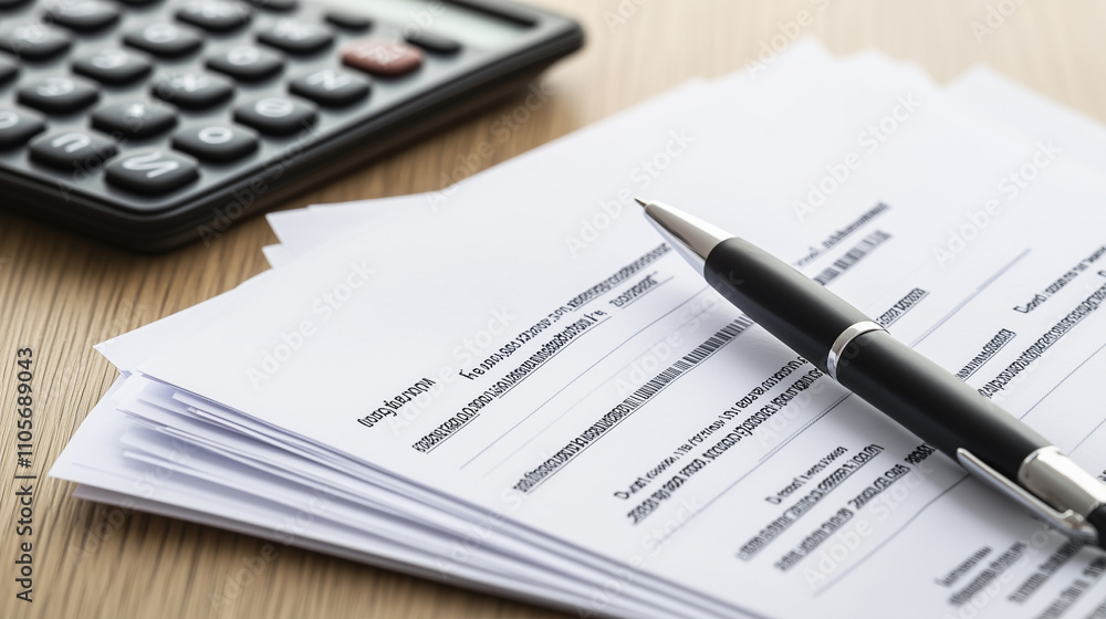 Medical bills neatly stacked on a wooden desk with a pen and calculator nearby, softly blurred background highlighting the financial paperwork, representing healthcare expenses, billing, and financial Medical bills neatly stacked on a wooden desk with a pen and calculator nearby, softly blurred background highlighting the financial paperwork, representing healthcare expenses, billing, and financial