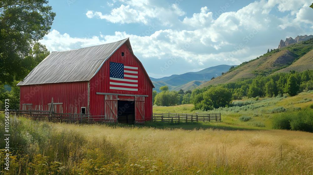 Red Barn with American Flag Illustration Red Barn with American Flag Illustration